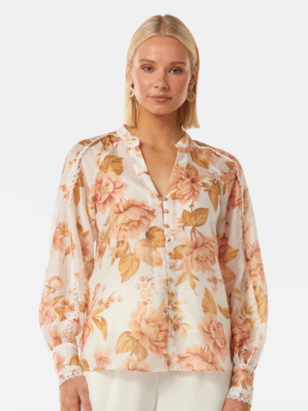 Forever‎ New Tylar Trim Blouse Size 0 Floral Lace Trim Long sleeve (T)